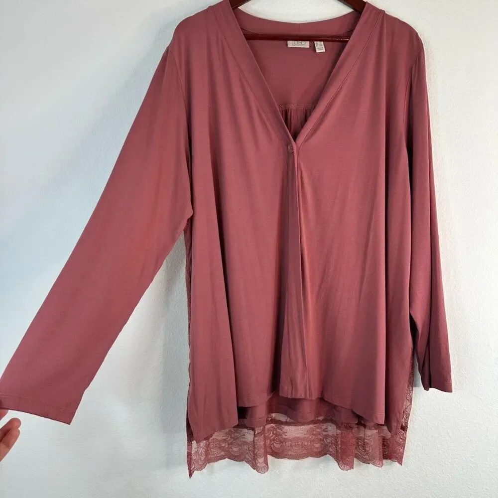 LOGO Lori Goldstein Rose Pink Jersey Cardigan Women’s 1X Mixed‎ Media Lace Back
